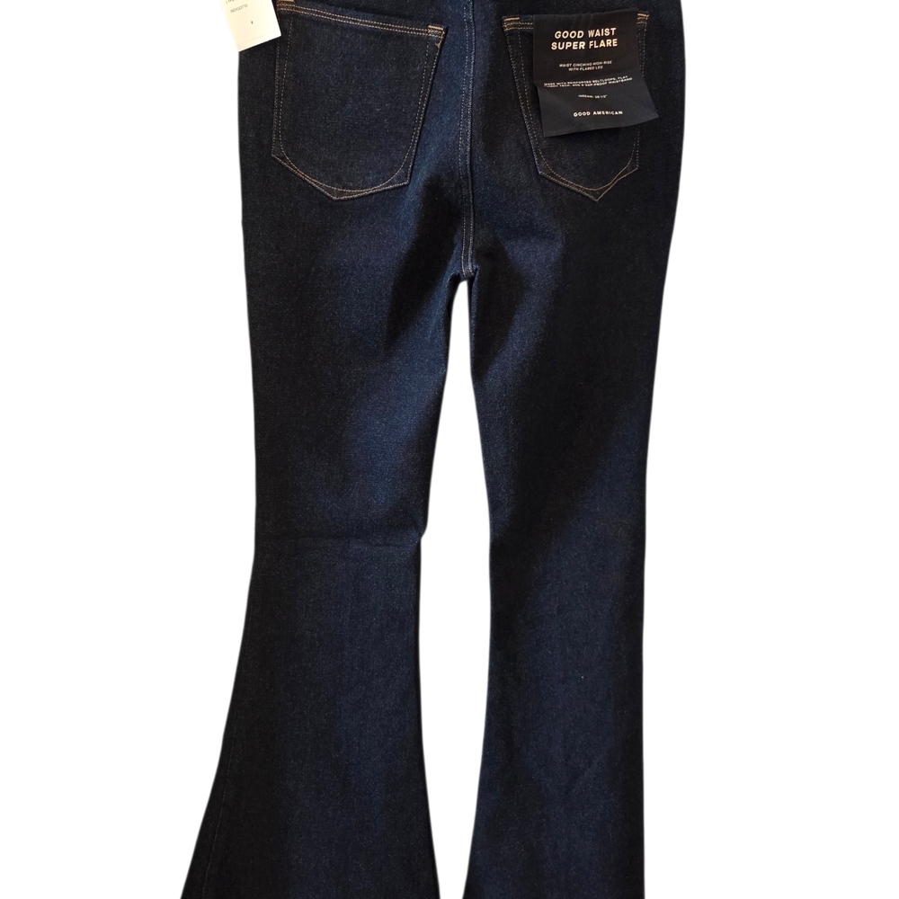 NWT Good American Dark Blue Flare Jeans with Gold stitching Size 8 - Picture 3 of 3